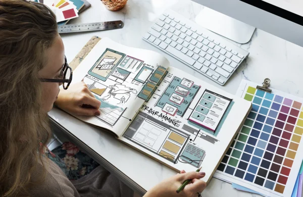 Woman looking through design documents and color swatches